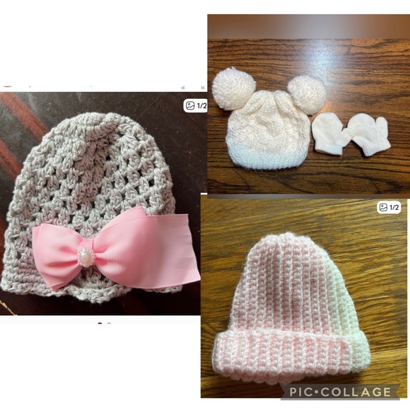 Bundle lot of 3 infant newborn girls winter hat and 1 pair of matching mittens - Picture 1 of 2